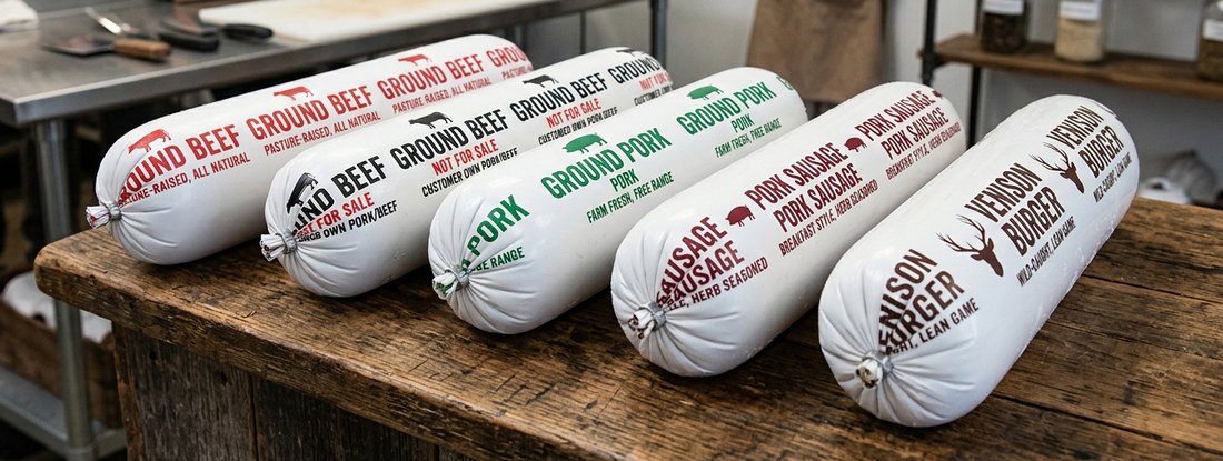 Ground beef and pork chub casing film, printed with product labels
