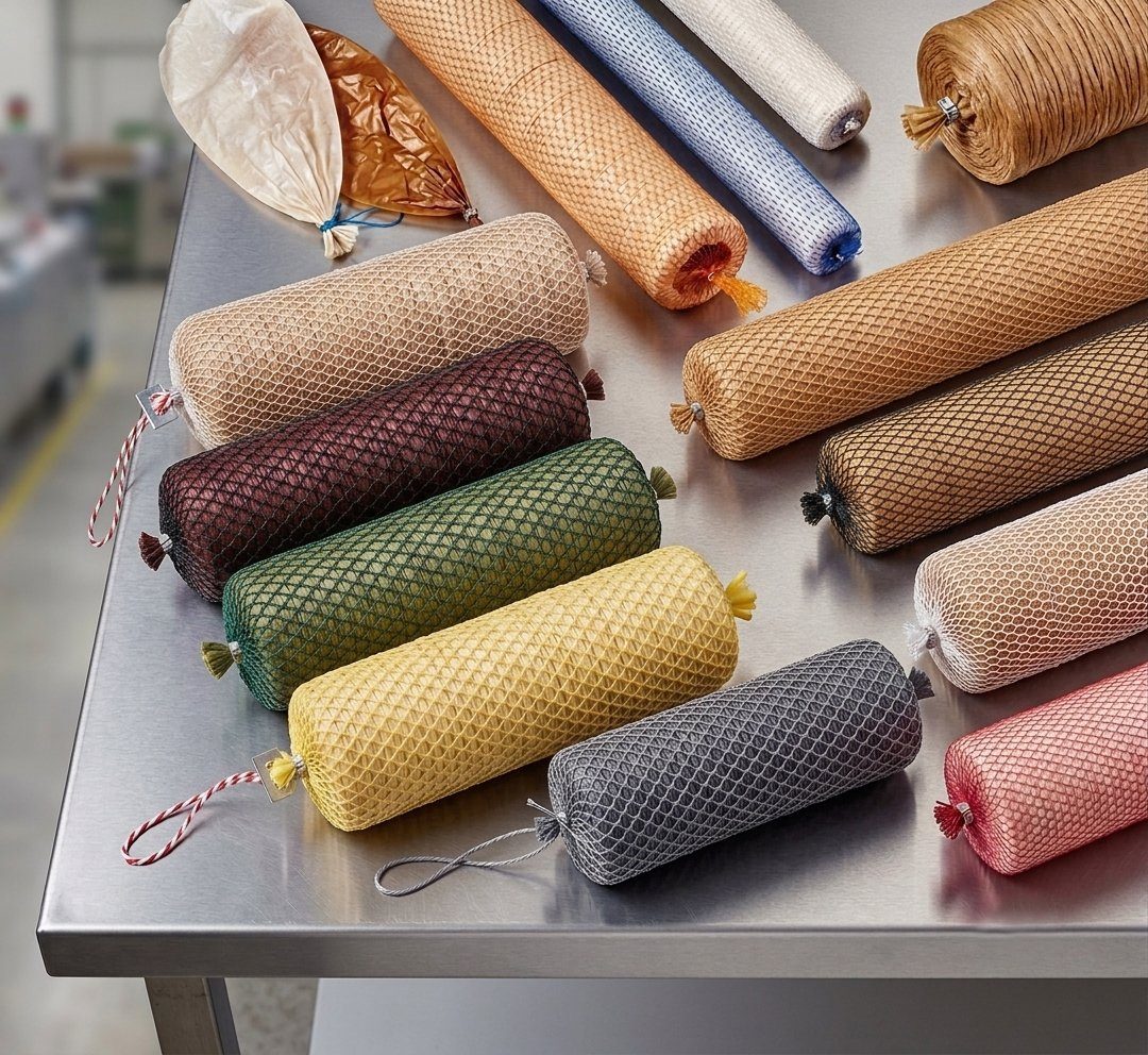 Netted sausage chubs and shirred casing sticks in assorted colors on a stainless steel table