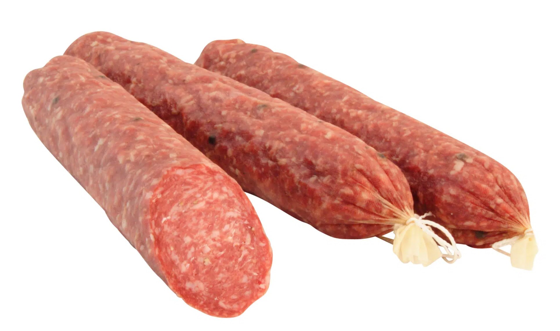 Hukki Classic, dry cured salami with diamond net pattern, sliced