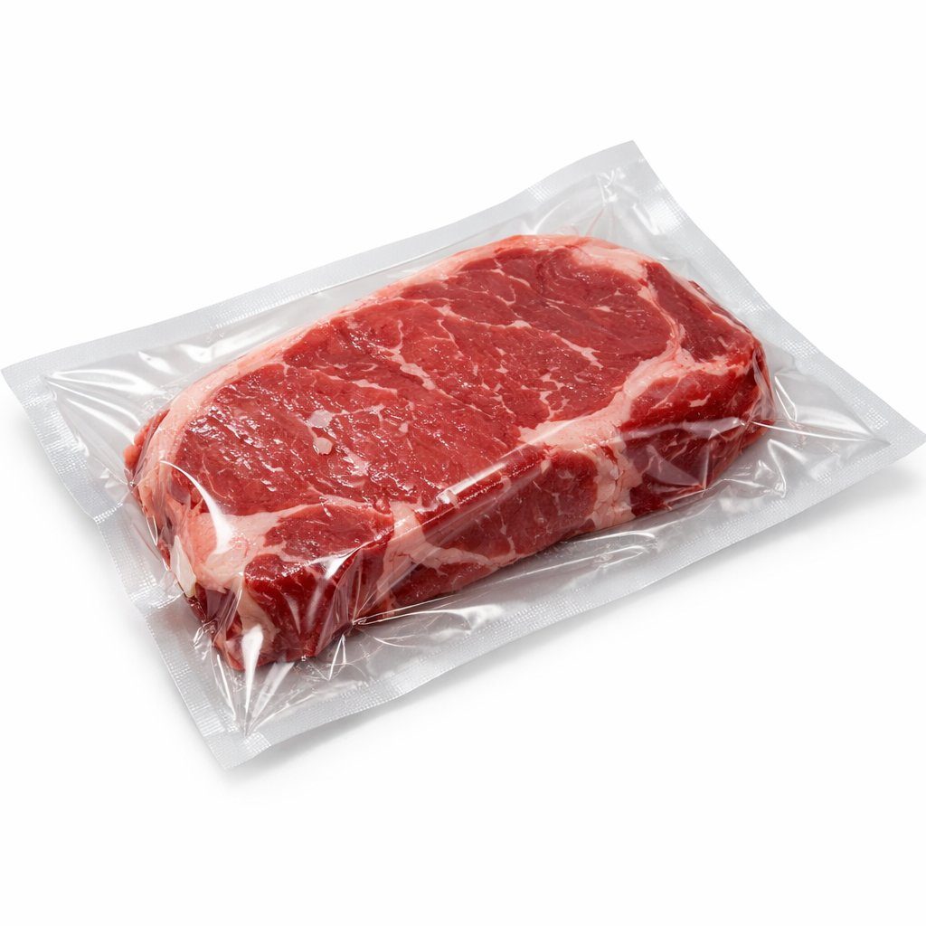 Fresh beef steak vacuum packaged in transparent pouch