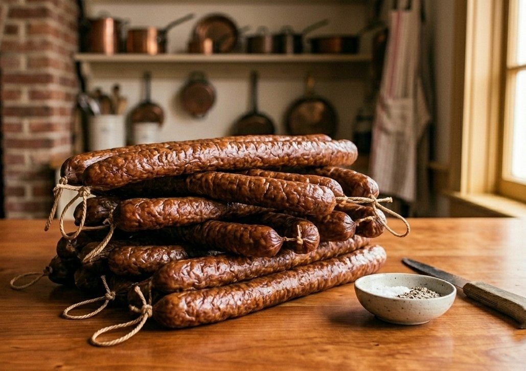 Fresh pork sausage coil in natural hog casings on butcher paper